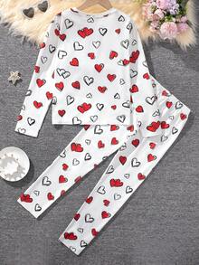 SHEIN Cô gái Love Tim In Áo thun Và Dài Quần Bộ đồ ngủ - Đỏ và trắng - Xem 2