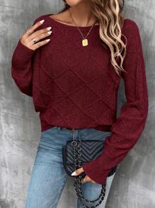 SHEIN LUNE Solid Color Jacquard Casual Sweater,Long Sleeve Tops Knit Pullover Fall Winter Sweater - Burgundy - View 4
