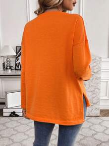 女士纯色V领落肩长袖休闲宽松毛衣 - 橘色 - 查看 2