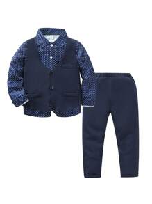 青少年男孩前蝴蝶結波卡圓點襯衫&西裝褲&馬甲