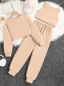 Conjunto De 3 Piezas De Chaleco, Sudadera Y Pantalón Deportivo De Color Liso Para Niñas - Caqui - Ver 2