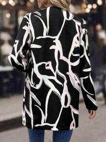 SHEIN LUNE Graphic Print Open Front Coat - Black and White - View 2