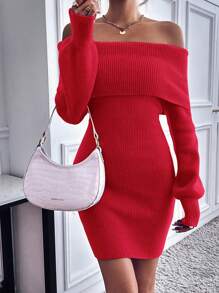 GENKIRA Của phụ nữ Màu thuần Off Shoulder Tay áo lồng đèn Thon gọn Đầm Áo len - Đỏ - Xem 3