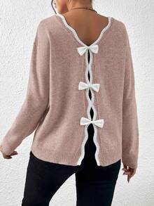 SHEIN Frenchy Viền tương phản Bowknot Trang trí Áo len - Hồng - Xem 4