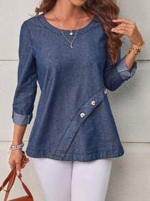 SHEIN LUNE Women's Round Neck Denim Top - Blue - View 5