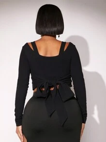 SHEIN SXY Camiseta Corta Con Busto Hueco Y Fruncido - Negro - Ver 3