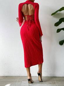 Chiquease Slim Fit Textured Stand Collar Dress - Red - View 5