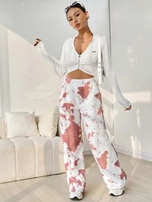 SHEIN EZwear Tie Dye Wide Leg Teddy Pants - Pink - View 6