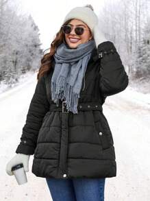 SHEIN LUNE Plus Zip Up Snap Button Belted Padded Padded Coat Clothes Winter - Black - View 5