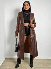 SHEIN x Carly Lawrence BamGleam 女士棕色仿皮风衣，秋冬季款 - 棕色 - 查看 5