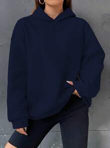 SHEIN Unity Loose Hoodie With Letter Printing And Drop-shoulder Design - Navy Blue - View 2