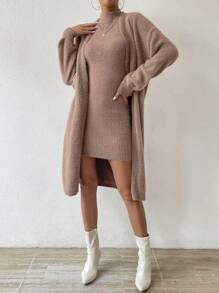 SHEIN Frenchy Của phụ nữ Đứng cổ áo Áo len Mở Và Đầm Áo len Bộ - màu nâu - Xem 5