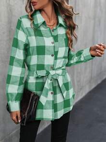 SHEIN LUNE Camisa A Cuadros Impresa Al Azar Con Cinturón - Verde - Ver 4