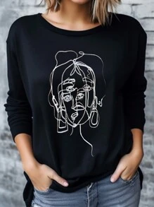 SHEIN LUNE Của phụ nữ Hình vẽ trừu tượng Sợi dây In Áo thun - màu đen - Xem 1