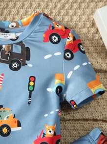 SHEIN Young Boy Comfortable Cute Cartoon Printed Short Sleeve Top And Long Pants Snug Fit Homewear Set - Multicolor - View 4