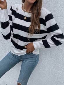 SHEIN LUNE Women's Striped Ripped Sweater - Black and White - View 5