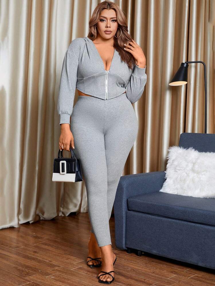 Plus Size Women's Asymmetrical Hem Deep V-Neck Sweatshirt And Leggings Set