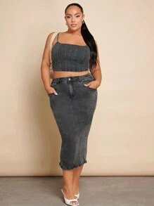 SHEIN BAE Kích thước lớn Gợi cảm Độ co giãn Cao Váy Denim Thiết kế Với Quần bó Phong cách & Phương Tây Mặc Đối với , Các bữa tiệc - Xám - Xem 1