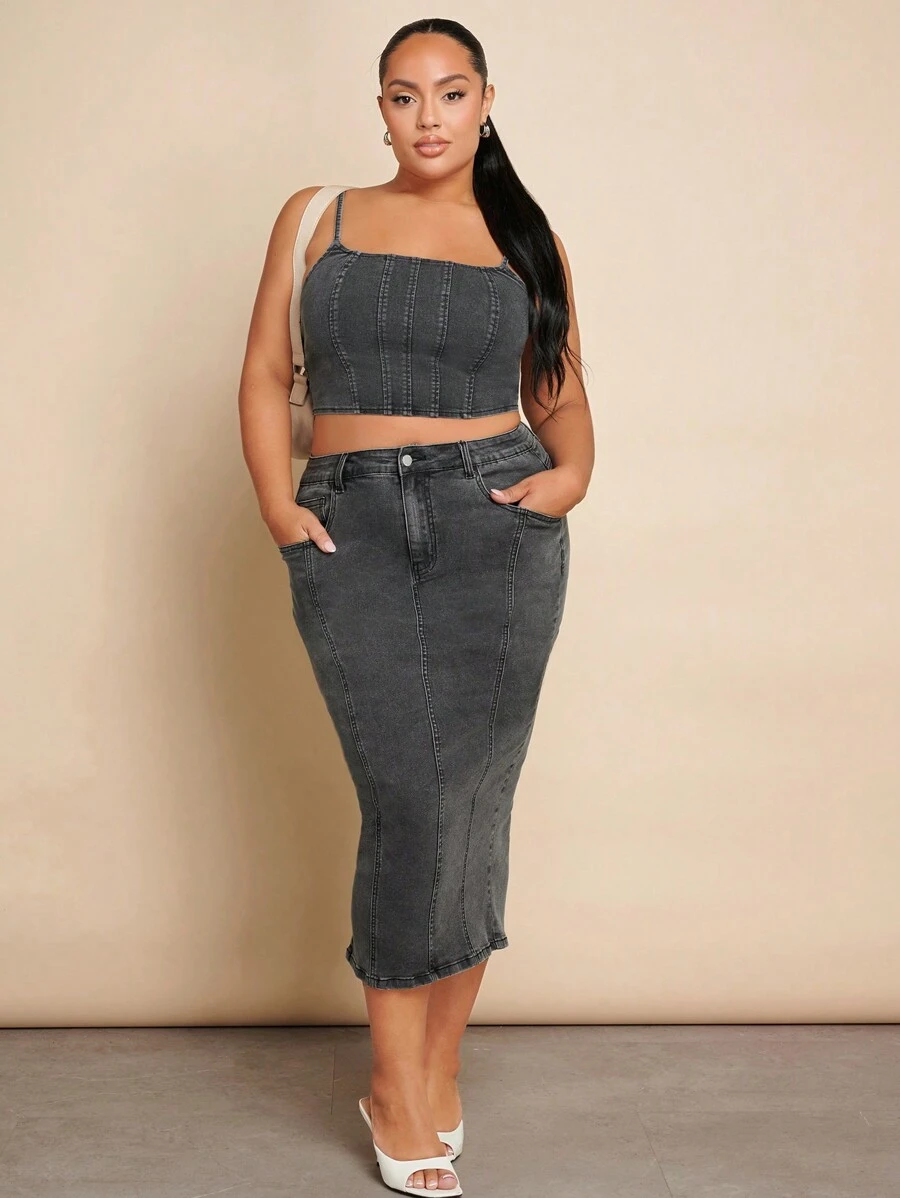 SHEIN BAE Kích thước lớn Gợi cảm Độ co giãn Cao Váy Denim Thiết kế Với Quần bó Phong cách & Phương Tây Mặc Đối với , Các bữa tiệc - Xám - Xem 1