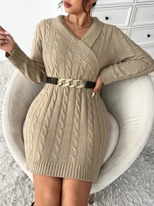 Celure Plus Size Women'S Cable Knitted Wrap Sweater Dress - Khaki - View 1