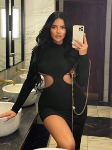 SHEIN SXY 新年舞會長袖空心側開高衩性感洋裝 - 黑色 - 查看 3