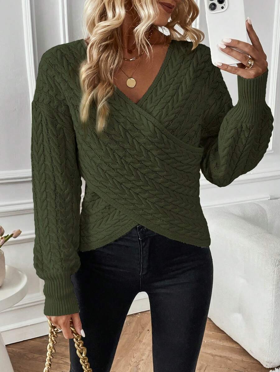 SHEIN Essnce Women's Solid Color Cable Knit V-neck Sweater - Army Green - View 1