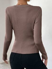 Chiquease Suéter De Cuello Cuadrado Y Dobladillo Dividido De Color Sólido Para Mujer - Marrón Mocha - Ver 2