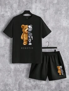 GENTILAND 男士大碼卡通熊和字母印花t恤和短褲套裝