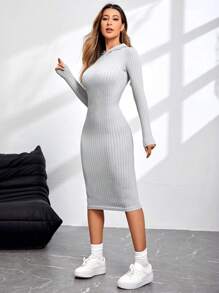 SHEIN Sports Vestido Deportivo Con Capucha Y Tejido De Canalé - Gris Claro - Ver 5