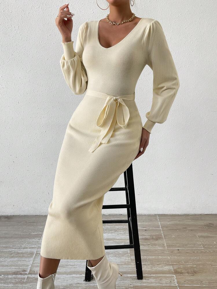 V-neck Lantern Sleeve Bodycon Sweater Dress With Belt