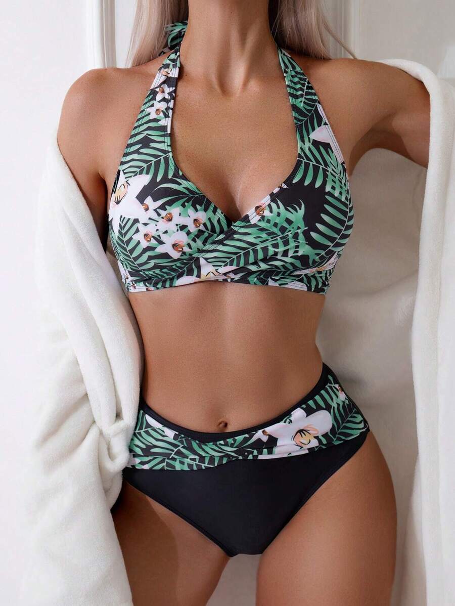 SHEIN Swim Summer Beach Floral Print Halter Neck Bikini Set, Random Pattern Carnival - Multicolor - View 1