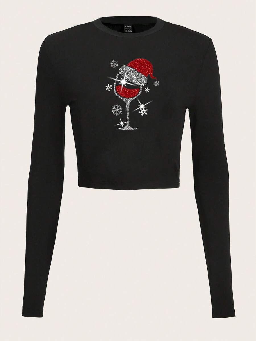 SHEIN EZwear 女聖誕印花 T 卹 - 黑色 - 查看 1
