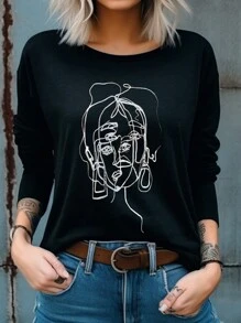 SHEIN LUNE Của phụ nữ Hình vẽ trừu tượng Sợi dây In Áo thun - màu đen - Xem 4