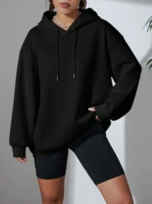 SHEIN Essnce 女式標語與山紋印花連帽運動衫 - 黑色 - 查看 4