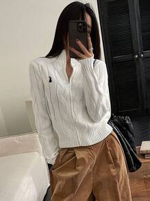 DAZY Women's Rabbit Embroidery Zipper Front Cardigan,Long Sleeve Tops Jacket - Beige - View 3