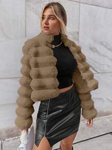 SHEIN Privé 女士純色毛絨大衣 - 卡其色 - 查看 6