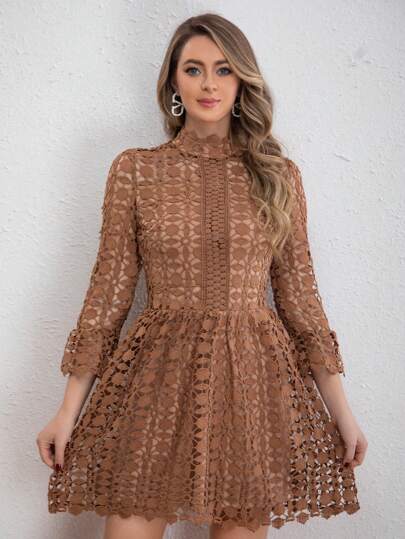 Eilly Bazar Women Stand Collar Lace Hollow Out Flare Sleeve Elegant Short Dress