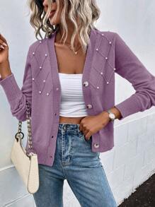 SHEIN Frenchy Trân châu Đồ trang trí Nút Lên Áo len Mở - Màu tím - Xem 3