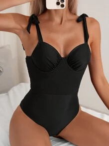 SHEIN Swim Women's Solid Color One-piece Swimsuit With Strap - Black - View 8