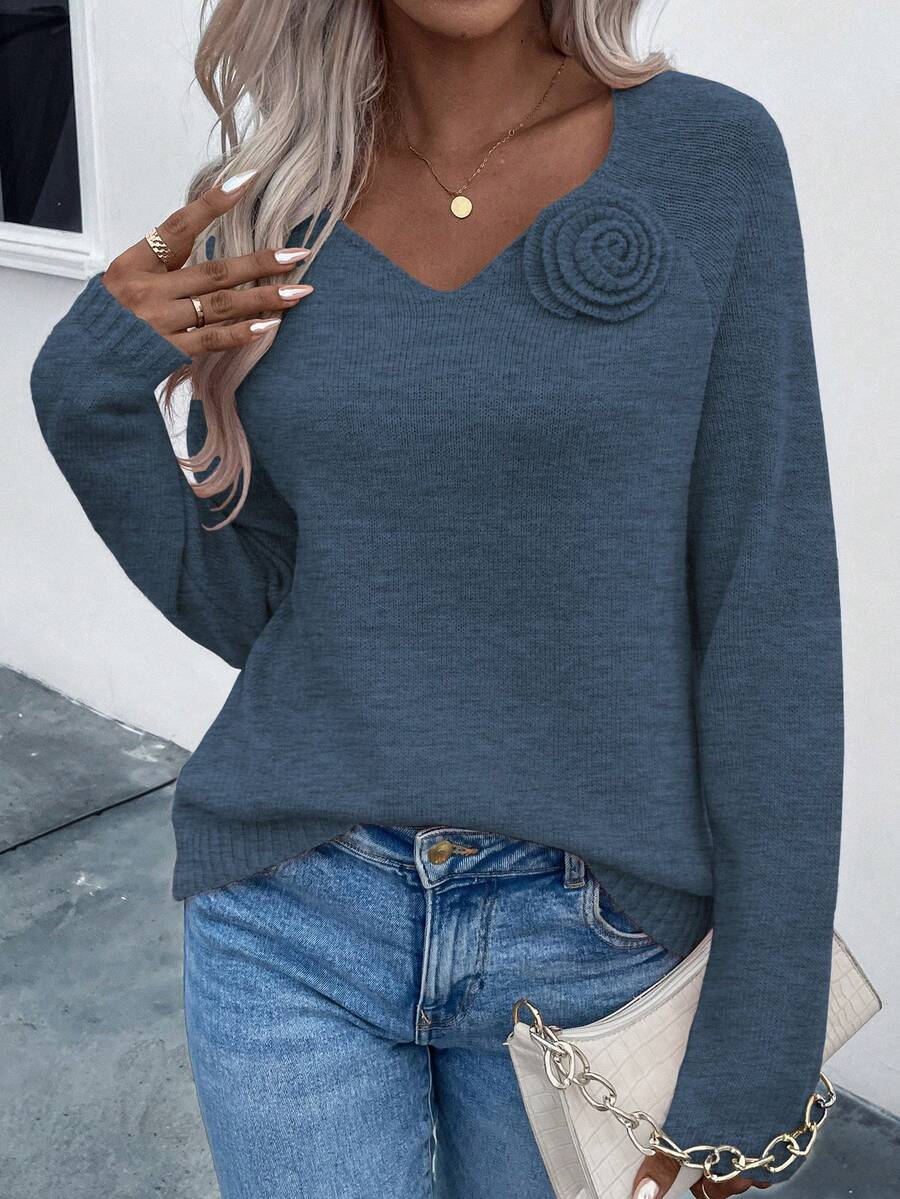 SHEIN LUNE Cổ chữ V 3D Trang trí Hoa Tay Raglan Áo len - Màu xanh hải quân - Xem 1