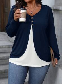 SHEIN LUNE 女款大尺碼雞心領拼色紐扣 T 卹 - 藏蓝色 - 查看 6