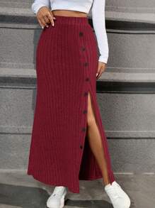 SHEIN Essnce Của phụ nữ Sọc Nút Khe Váy - Màu Đỏ Sâu - Xem 3