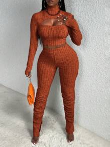 Slaydiva Slayr Casual Home Style Tailoring Cổ cao Khoét sâu Phía trước Ngắn Tay Dài Áo thun Quần dài xẻ gấu màu cam Bộ đồ hai mảnh bó dành cho nữ - Gỗ đỏ - Xem 1