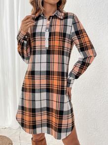 SHEIN LUNE Women's Plaid Half-button Front Open Collar Dress - Multicolor - View 1