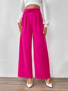 SHEIN Privé Twisted Knotted High Waist Wide Leg Pants - Hot Pink - View 5
