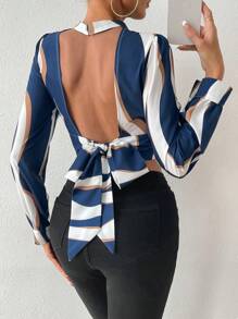 SHEIN Privé Women's Backless Tie Back Shirt - Navy Blue - View 1