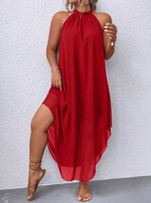 SHEIN Clasi Đầm Maxi Cổ Halter Đỏ Thời Trang Cho Nữ Size Lớn Quần Áo Năm Mới - Đỏ - Xem 4
