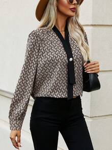 SHEIN LUNE Allover Print Contrast Trim Button Front Shirt - Multicolor - View 5