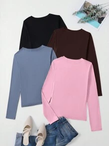SHEIN Essnce 女款 4 件純色圓領長袖 T 卹 - 彩色 - 查看 2