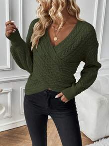 SHEIN Essnce Women's Solid Color Cable Knit V-neck Sweater - Army Green - View 6
